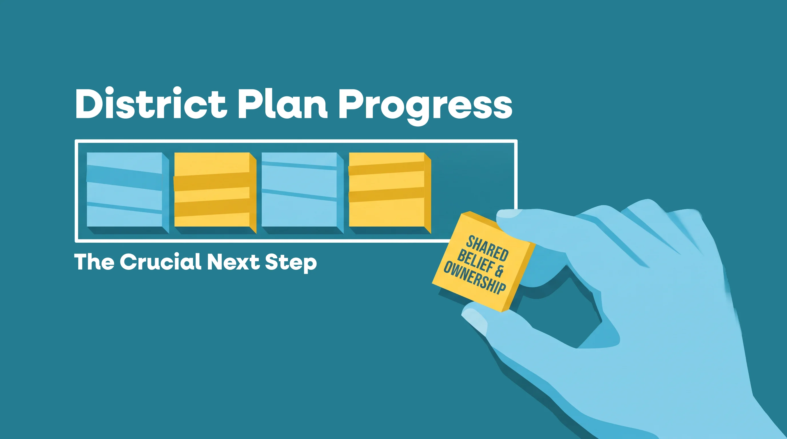 Illustration titled District Plan Progress, showing a hand placing a block labelled Shared Belief and Ownership into a progress bar captioned The Crucial Next Step